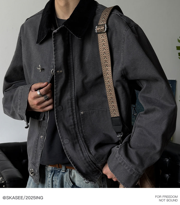 Vintage Washed Leather-Collar Cargo Jacket - Loose Barn Coat (Unisex)