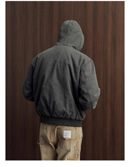 Vintage Wash Distressed Cargo Hoodie Jacket – Thermal Insulated Men's Coat