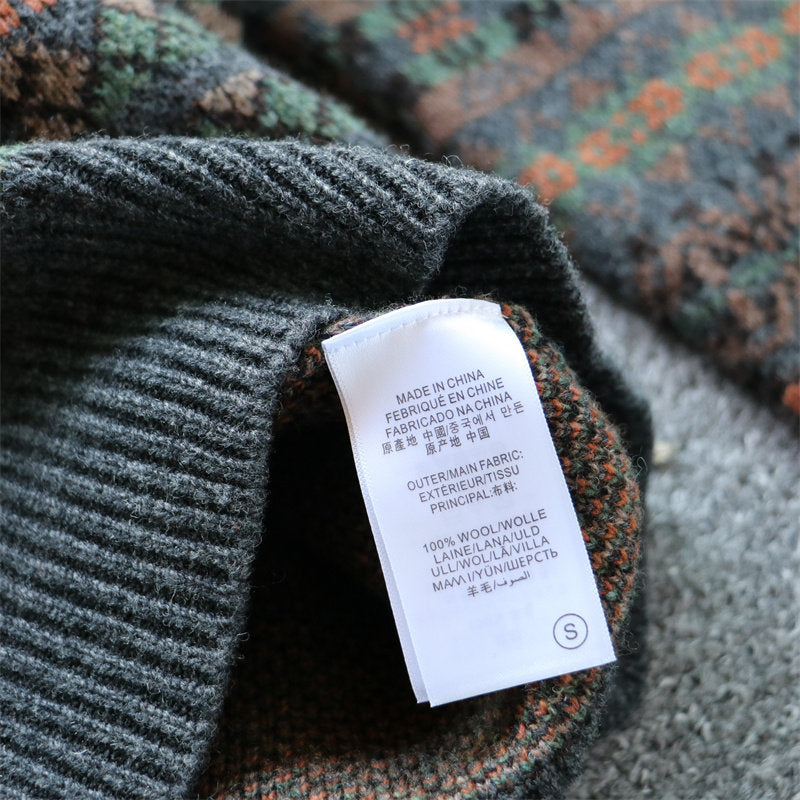 100% Wool Jacquard Stripe Crew Neck Sweater – Men's Thick Knit Pullover
