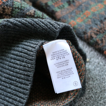100% Wool Jacquard Stripe Crew Neck Sweater – Men's Thick Knit Pullover