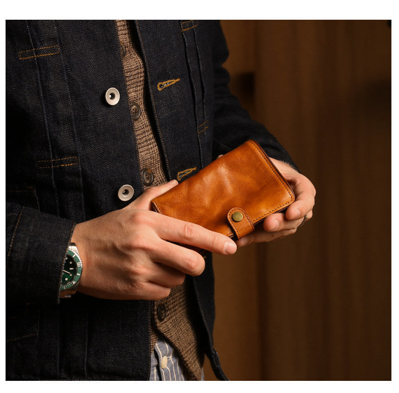 Vegetable Tanned Leather Bifold Wallet – Handmade Retro Card Holder – Japanese vintage | yamalin clothes | Yamalinclothes