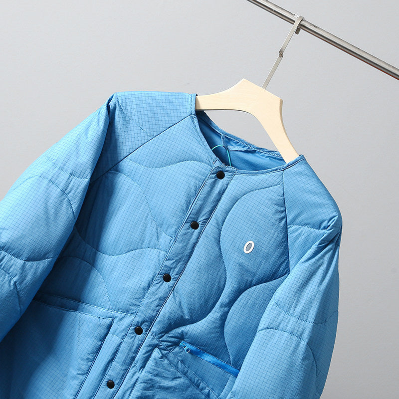 Collarless Down Jacket – Wave Quilting & Snap Front