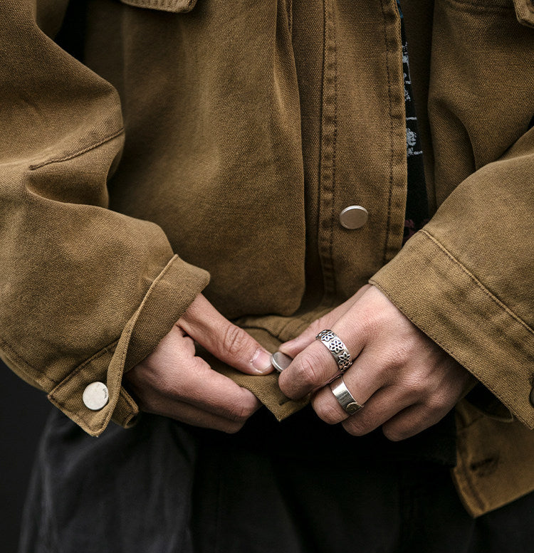 Washed Patchwork Lapel Cargo Jacket – American Retro Oversized Unisex