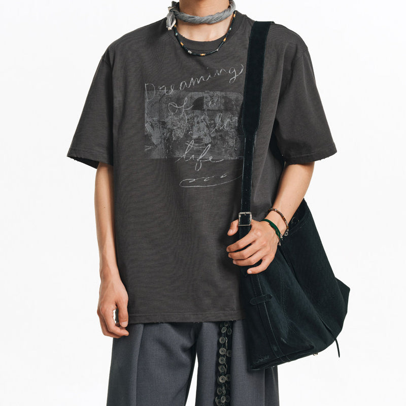 Two-Tone White Ink Print Crew Neck T-Shirt – Cool Feel Short Sleeve Japanese Streetwear for Men – Japanese vintage | yamalin clothes | Yamalinclothes