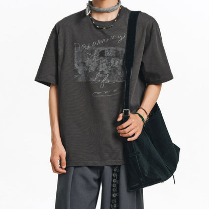 Two-Tone White Ink Print Crew Neck T-Shirt – Cool Feel Short Sleeve Japanese Streetwear for Men – Japanese vintage | yamalin clothes | Yamalinclothes