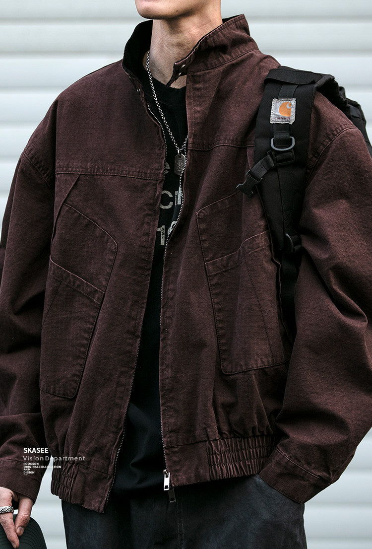 Japanese Retro Deconstructed Stand Collar Hunting Cargo Jacket – Loose Drop Shoulder for Men | Japanese vintage | yamalin clothes | Yamalinclothes