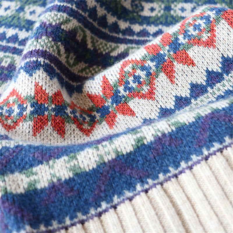 100% Wool Half-Zip Jacquard Stripe Sweater – Men's Ethnic Knit Pullover Khaki