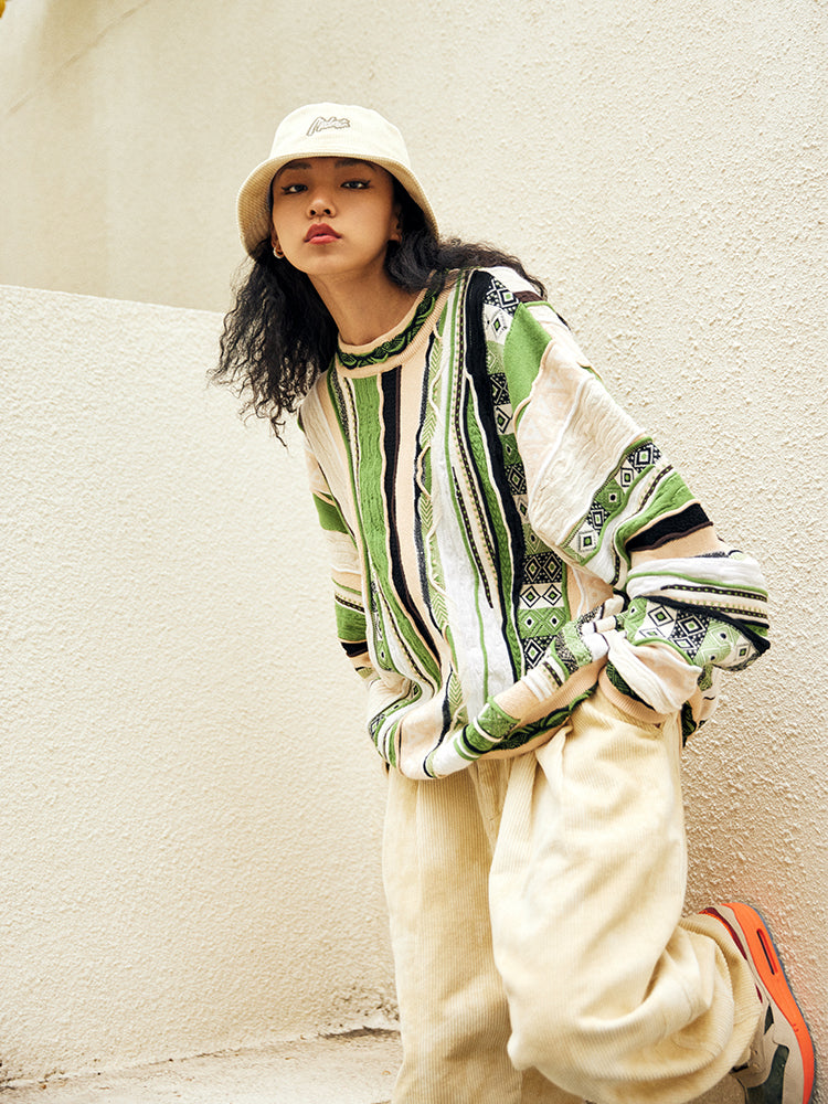 MEDRIA Bitter Melon Pattern Sweater Pop Style Outdoor Ethnic Style Pullover Niche Vintage Retro Unisex