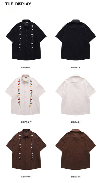 American Retro Floral Embroidery Corduroy Short Sleeve Shirt for Men Summer Trendy Brand Niche Loose Shirt