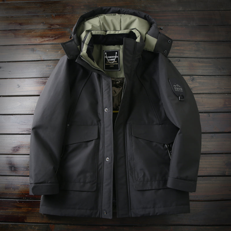 Men's Winter Outdoor 700 Fill Power Down Jacket - Windproof Waterproof Hooded Mid-Length Cold-Resistant Coat