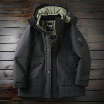 Men's Winter Outdoor 700 Fill Power Down Jacket - Windproof Waterproof Hooded Mid-Length Cold-Resistant Coat
