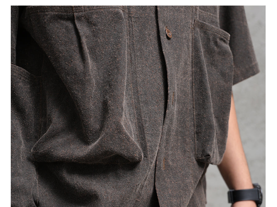 Wild Silk Cuban Collar Half Sleeve Shirt Men's Dye Yam Dyed Tussah Silk Aloha Retro Short Sleeve Shirt Summer