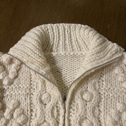 Women's Winter Wool Sweater Coat - Japanese Handmade Thick Yarn Ball Zipper Loose Knitted Top