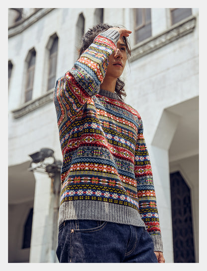 Fair Isle Merino Wool Crew Neck Sweater – Vintage British Retro (Unisex)