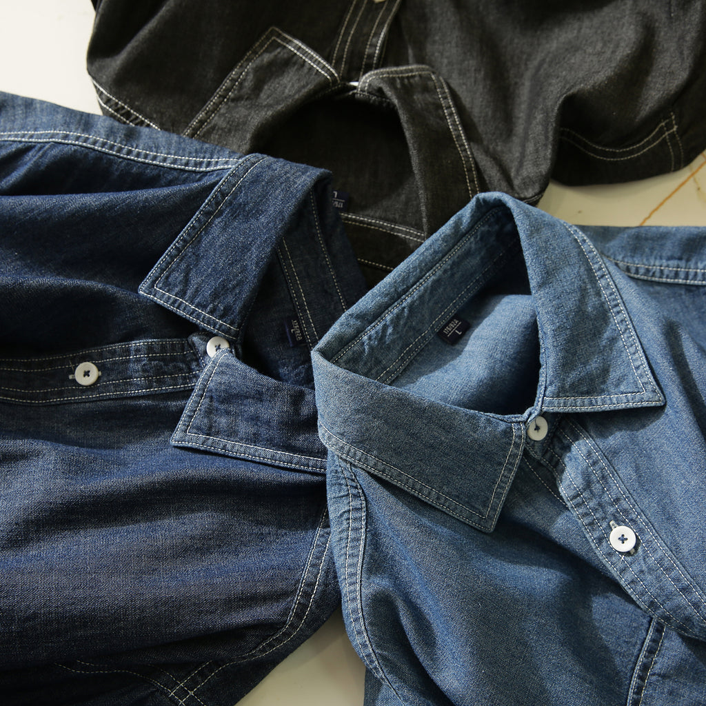 Pure Cotton Enzyme Wash! Export Surplus Men's Summer Turn-down Collar Denim Short Sleeve Shirt Top