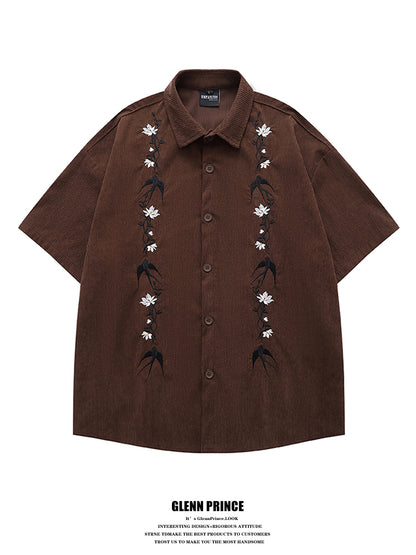 American Retro Floral Embroidery Corduroy Short Sleeve Shirt for Men Summer Trendy Brand Niche Loose Shirt