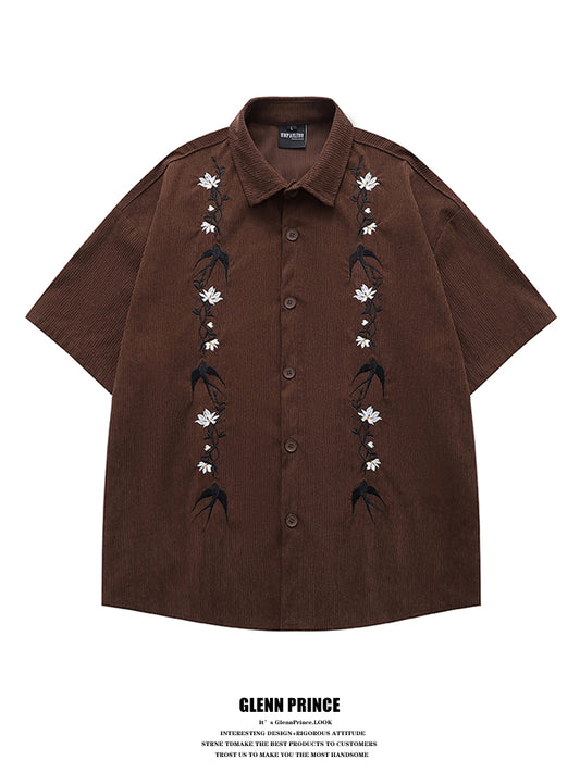 American Retro Floral Embroidery Corduroy Short Sleeve Shirt for Men Summer Trendy Brand Niche Loose Shirt