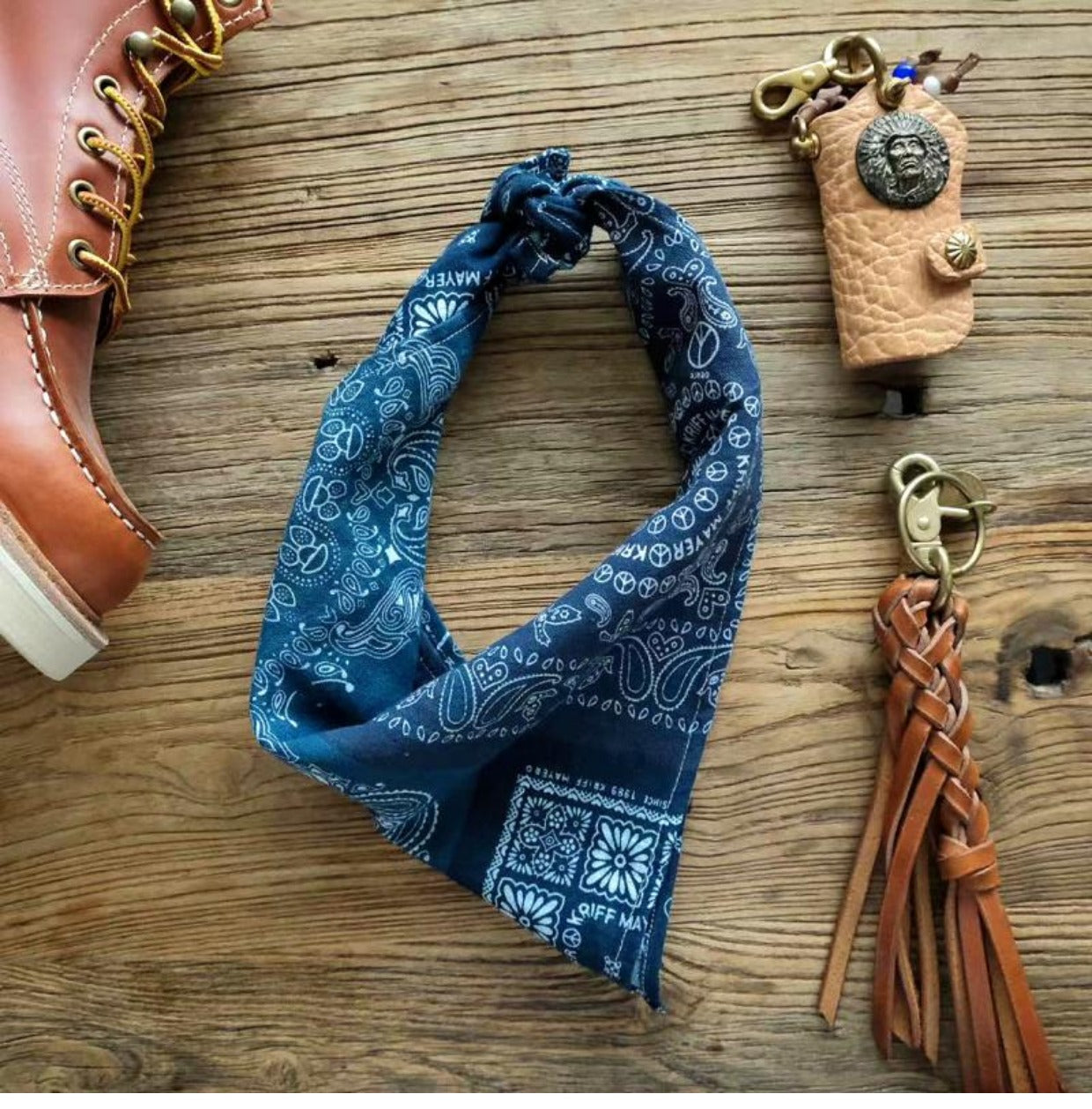 Cashew Flower Patchwork Baijia Cloth Printed Washed Blue Dyed Indigo Square Scarf Handkerchief Headscarf American Retro Motorcycle