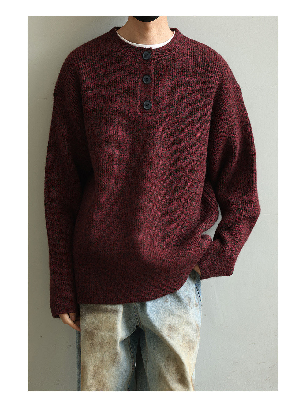 Retro Henley Knit Sweater – Lazy Style Crew Neck Men – Japanese vintage | yamalin clothes | Yamalinclothes
