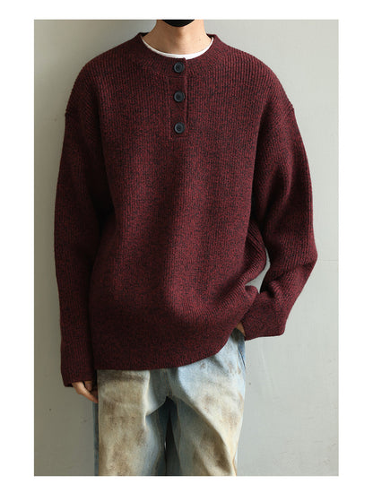 Retro Henley Knit Sweater – Lazy Style Crew Neck Men – Japanese vintage | yamalin clothes | Yamalinclothes