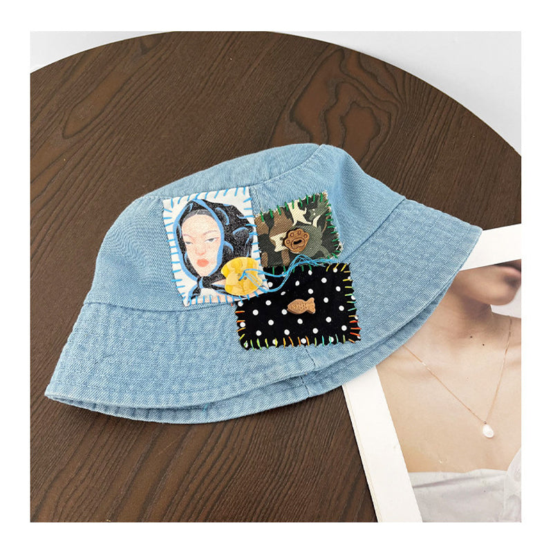 Denim Abstract Appliqué Fisherman Hat – Wide Brim Sun Protection Streetwear – Japanese vintage | yamalin clothes | Yamalinclothes