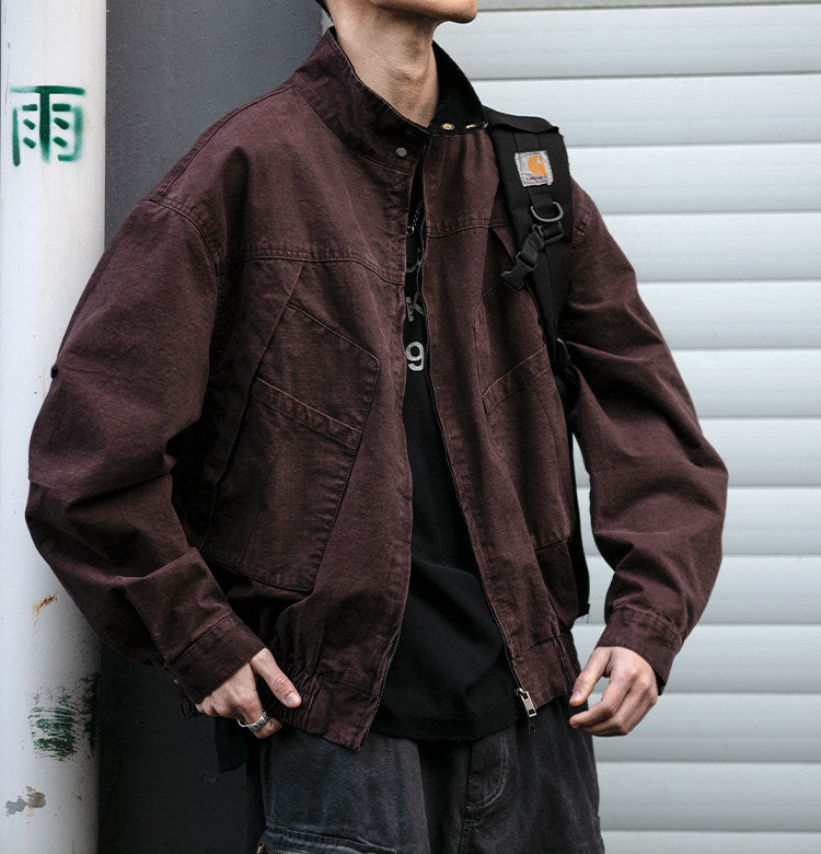 Japanese Retro Deconstructed Stand Collar Hunting Cargo Jacket – Loose Drop Shoulder for Men | Japanese vintage | yamalin clothes | Yamalinclothes