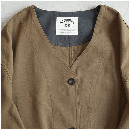 Japanese Color-Blocked V-Neck Jacket - Retro Cotton Pocket Coat (Unisex)