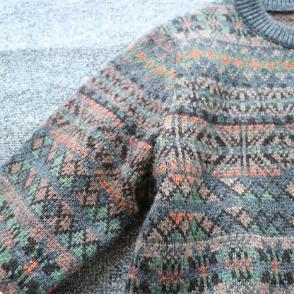 100% Wool Jacquard Stripe Crew Neck Sweater – Men's Thick Knit Pullover