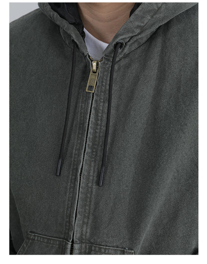 Vintage Wash Distressed Cargo Hoodie Jacket – Thermal Insulated Men's Coat