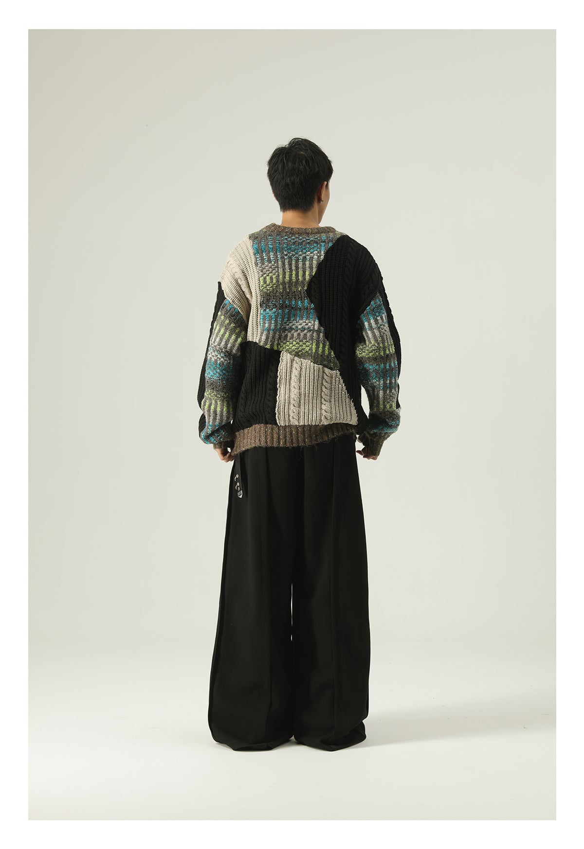 Heavy-weight twisted patchwork gradient back collar camel wool sweater