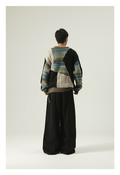 Heavy-weight twisted patchwork gradient back collar camel wool sweater