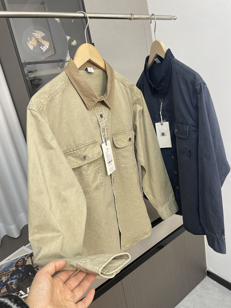 Contrast Stitch Lapel Cotton Shirt – American Retro Workwear Pocket Unisex – Coats Jackets | japanese streetwear | vintage workwear | unisex | Yamalinclothes