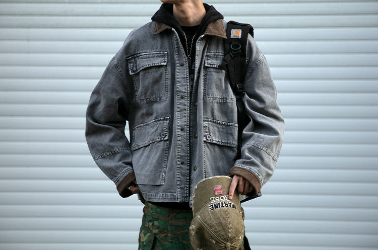 Cotton Cargo Jacket – Corduroy Collar & Four Pockets | Yamalin clothes | Vintage workwear outfit for men