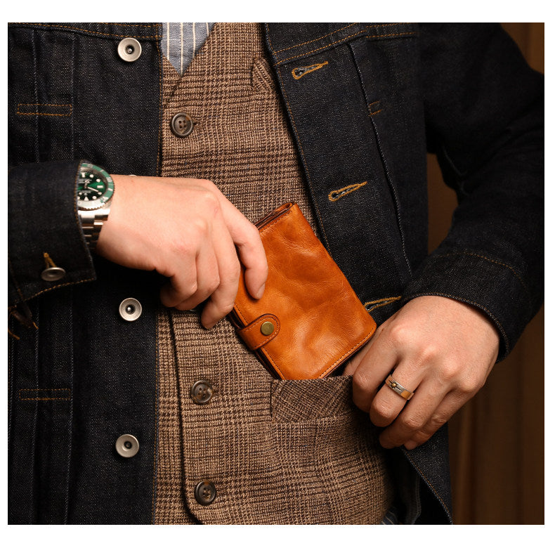 Vegetable Tanned Leather Bifold Wallet – Handmade Retro Card Holder – Japanese vintage | yamalin clothes | Yamalinclothes
