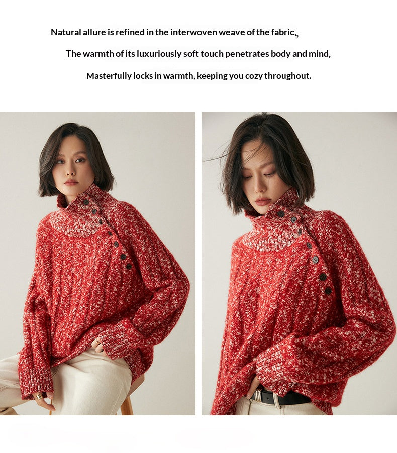 Heavy-duty lazy cashmere sweater, diagonal buttoned floral tulle, thickened twisted high-neck sweater, Korean autumn/winter new women's knitwear | Yamalinclothes