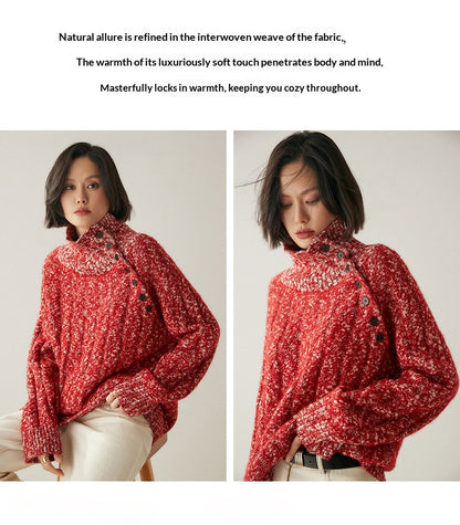Heavy-duty lazy cashmere sweater, diagonal buttoned floral tulle, thickened twisted high-neck sweater, Korean autumn/winter new women's knitwear | Yamalinclothes