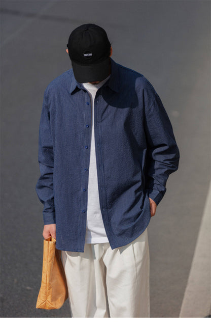 Cotton Pinstripe Shirt – Washed Navy & Relaxed Fit | Yamalinclothes