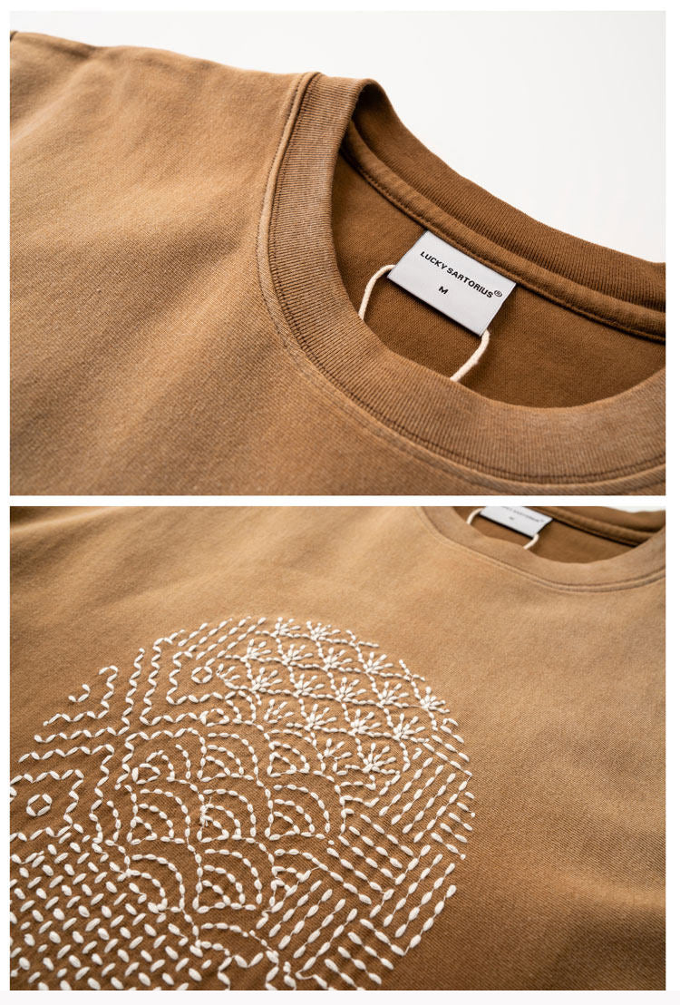 Cotton T-Shirt – Gradient Wash & Sashiko Embroidery | Yamalinclothes