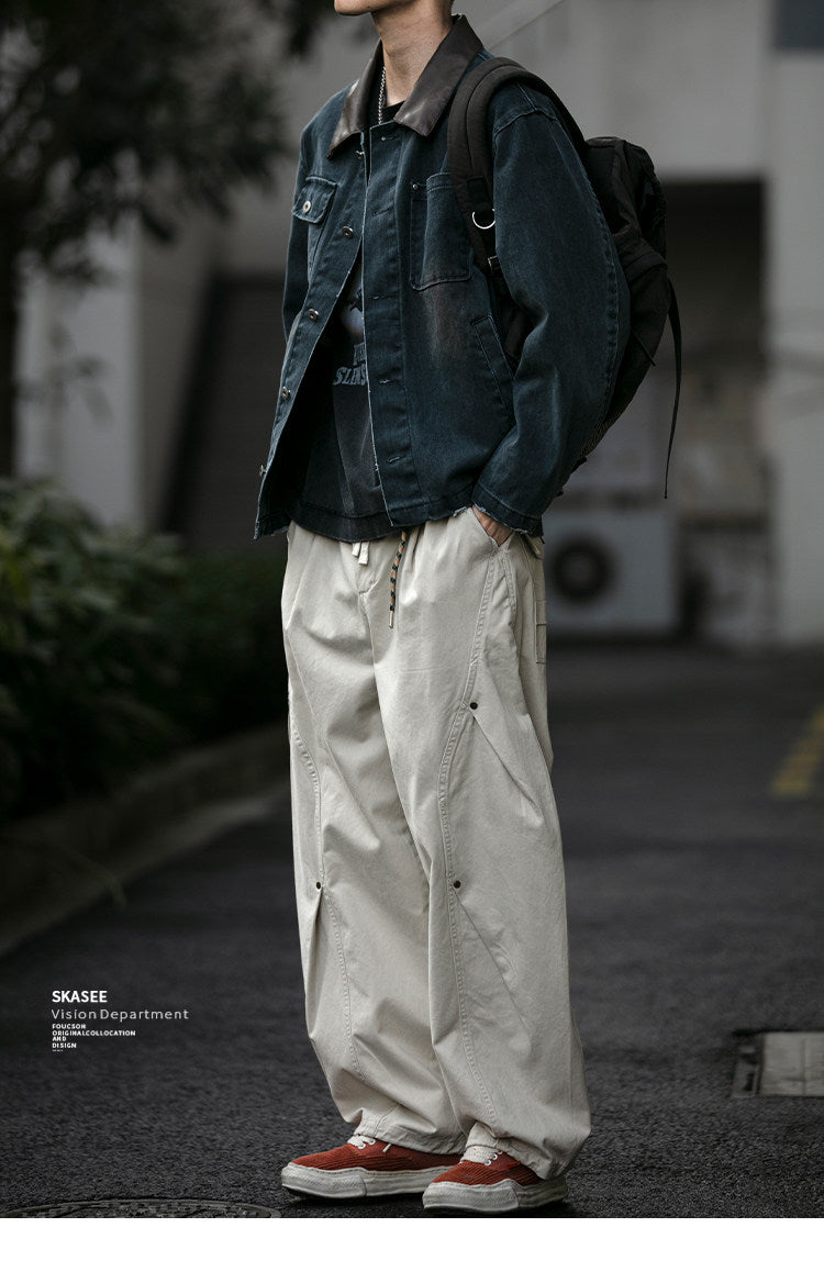 American Vintage Heavyweight Double Pleated Cargo Pants – Wide Leg Drawstring Workwear Trousers for Men | Japanese vintage | yamalin clothes | Yamalinclothes
