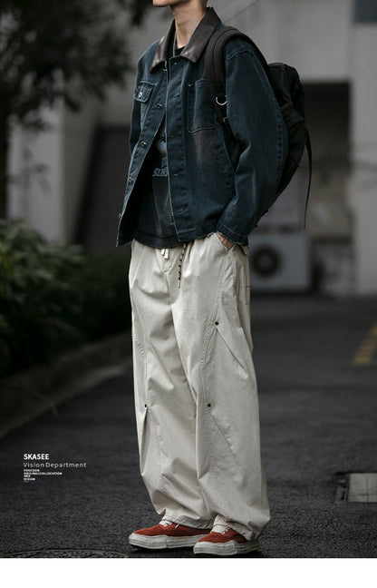 American Vintage Heavyweight Double Pleated Cargo Pants – Wide Leg Drawstring Workwear Trousers for Men | Japanese vintage | yamalin clothes | Yamalinclothes