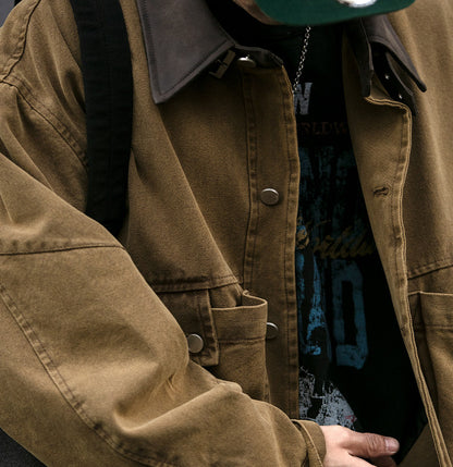 Washed Patchwork Lapel Cargo Jacket – American Retro Oversized Unisex