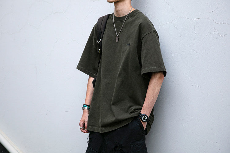 320G Heavyweight Washed Distressed Short Sleeve T-Shirt – Letter Embroidery Vintage Tee for Men – Japanese vintage | yamalin clothes | Yamalinclothes