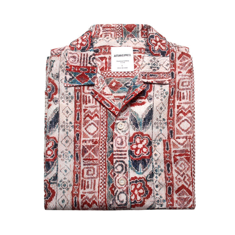 Seersucker Cuban Collar Printed Shirt – Men's Vintage Beach Short Sleeve