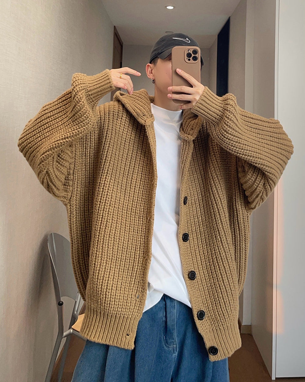 1.5KG Heavyweight Hooded Chunky Knit Button Sweater Coat – Oversized Vintage Winter – Japanese vintage | yamalin clothes | Yamalinclothes