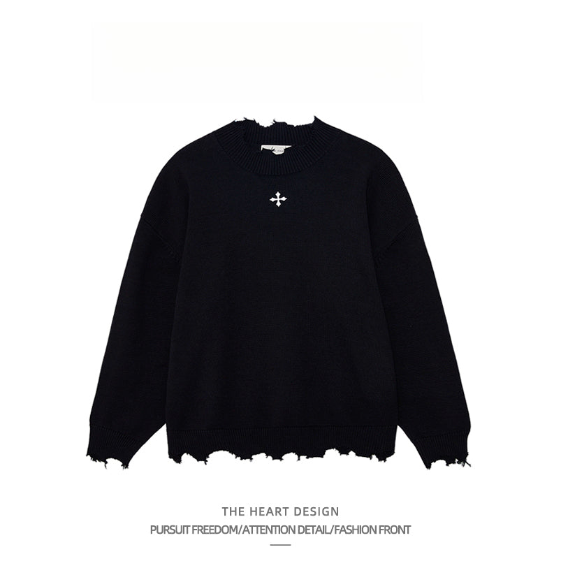 Men's Retro Cross Embroidered Distressed Knit Sweater – High Street American Style Casual Winter Pullover Jacket