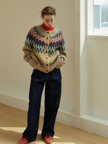 LINHOUSE French Retro Fair Isle Cardigan - Thick Wool Blend Sweater (Women)