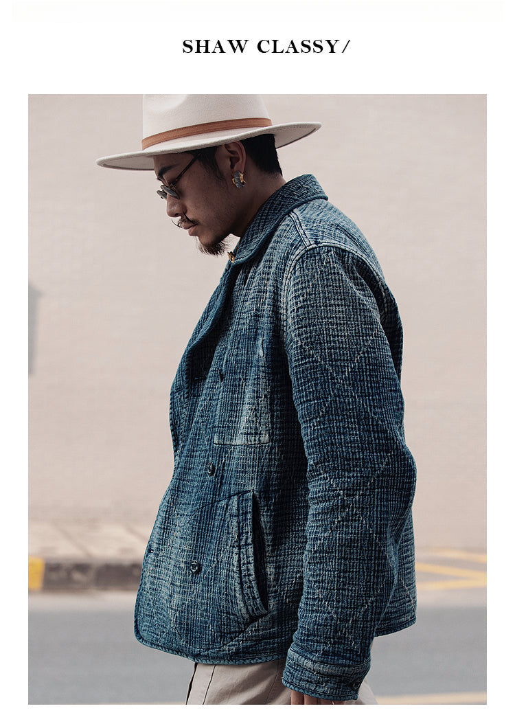 Retro Sashiko Washed Double-Breasted Jacket – Heavy Indigo Denim Workwear (Unisex)