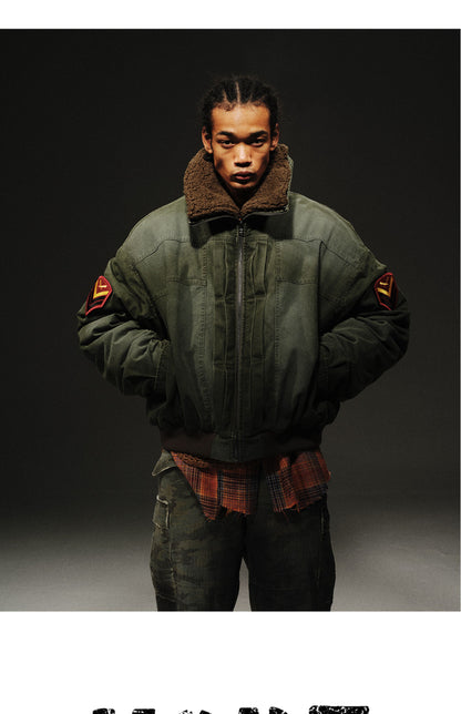 24aw Washed Green Vintage Jacket Cotton-Padded Coat Distressed Epaulet Fur Collar Thickened Coat