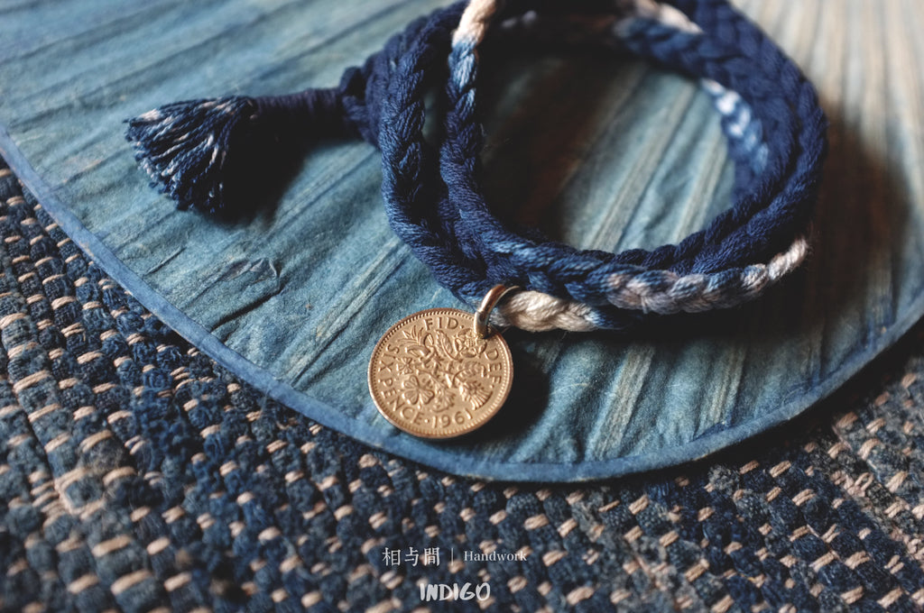 Sixpence Lucky Coin Blue Dyed Woven Bracelet Amekaji Indigo National Trend Couple Bracelet