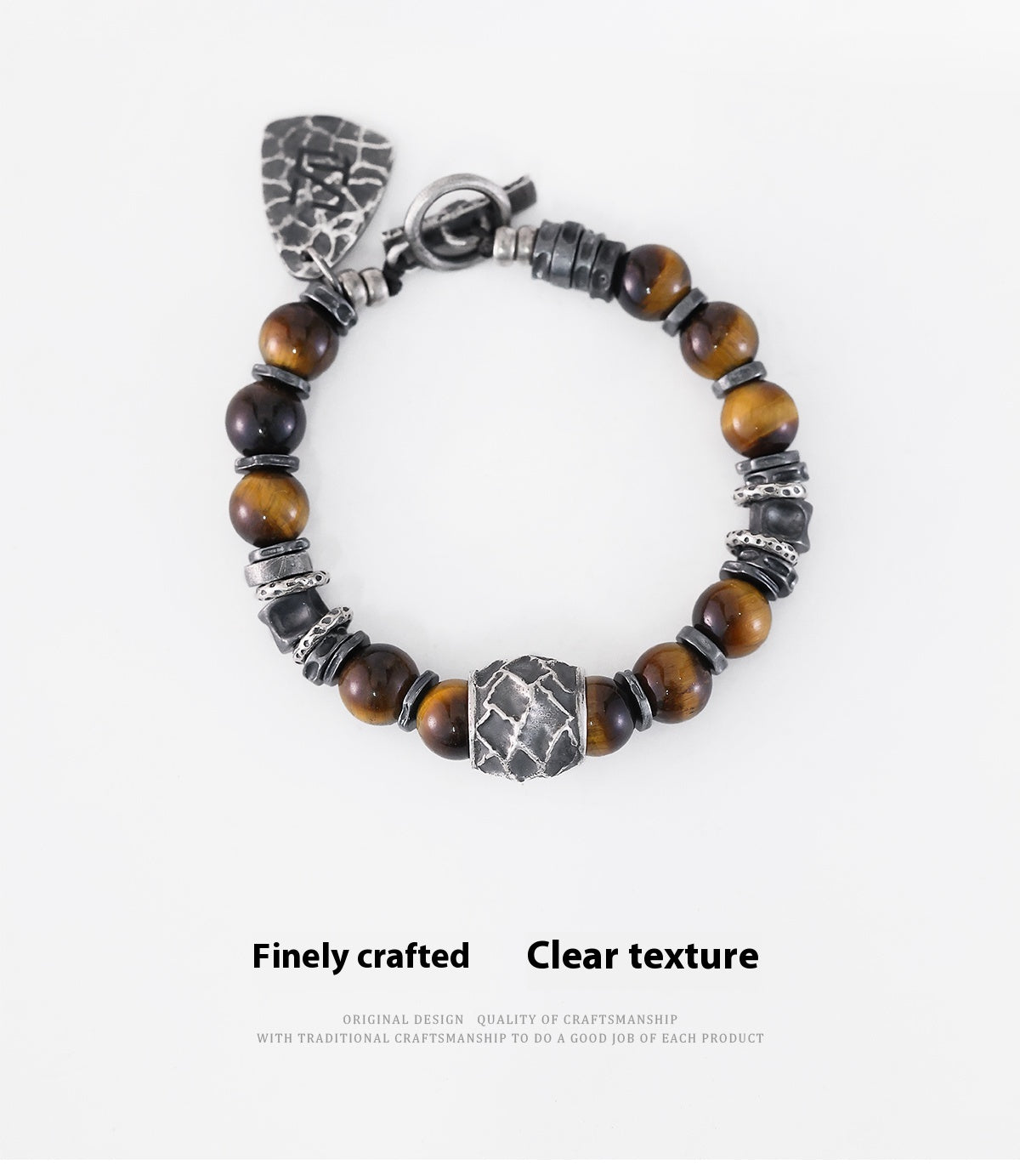 Yinshu Original Handmade &lt;Hammered&gt; Bracelet for Men Niche 999 Pure Silver Tiger Eye Stone Men's Vintage Bracelet